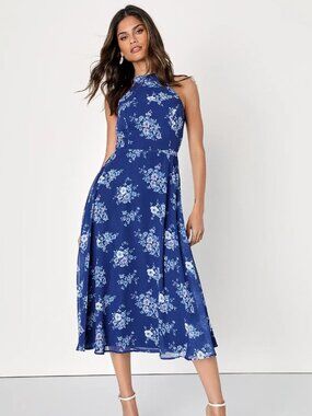 Lulus Serene Garden Blue Floral Print Mock Neck Tie-Back Midi Dress